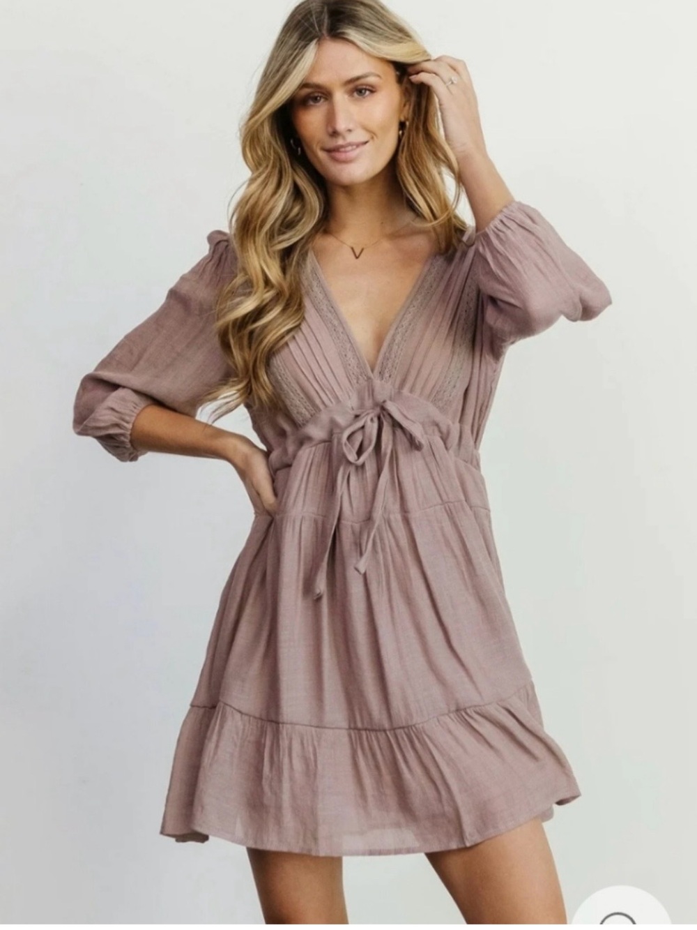 Baltic Born Amelia Mauve Pink Boho Tiered Tie Front Midi Dress Lace Trim Size XL